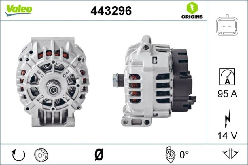 Renault Alternator 14v 95 A 6 Kanal 55 MM K4m K4j E7j Clio II Kangoo Logan Sandero Megane I - Valeo 443296