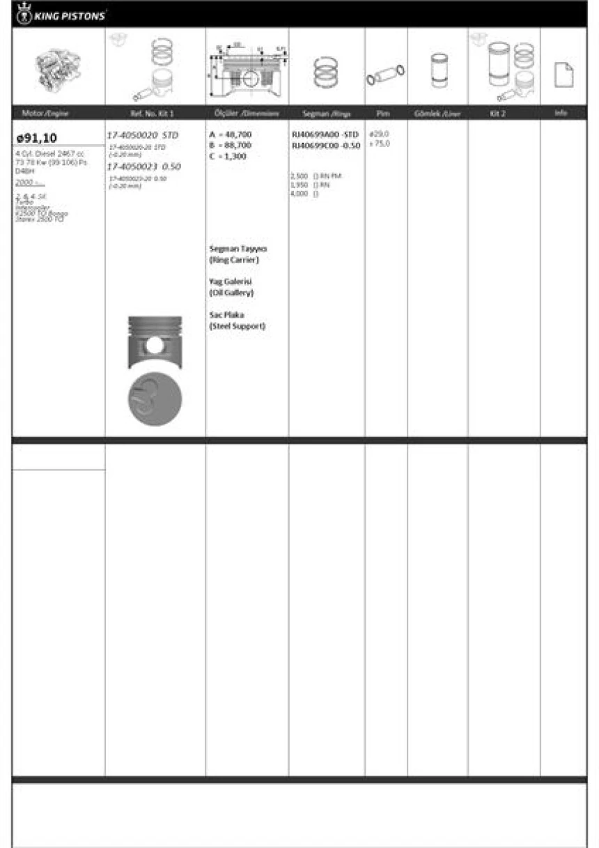 Hyundaı Ticarı Motor Piston Segman Std Starex Tci 2001-> Kia K2500 Tci 2004-> (2-4 Siralı Piston) D4bh Motor 91,10 - Kingpiston 17-4050020