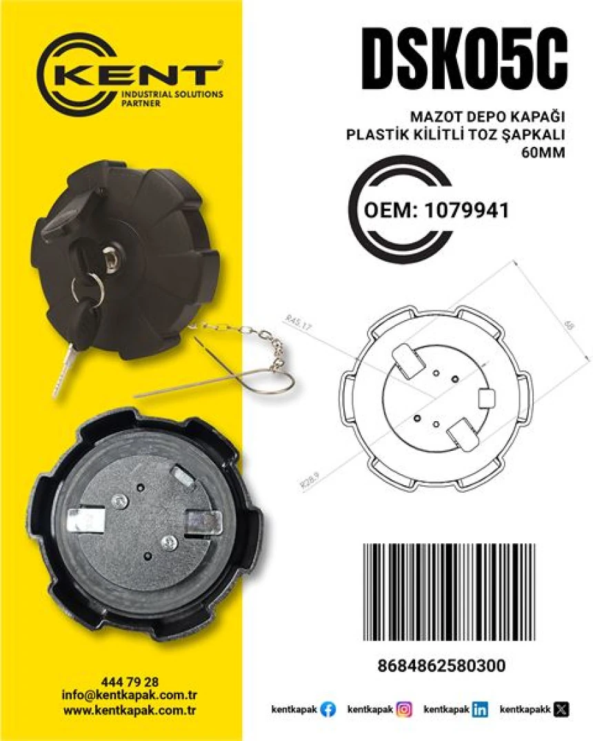 Daf Truck Depo Kapagı Unıversal Plastık Tutmalı Kilitli Toz Sapkalı 60mm - Kent Dsk-05-C
