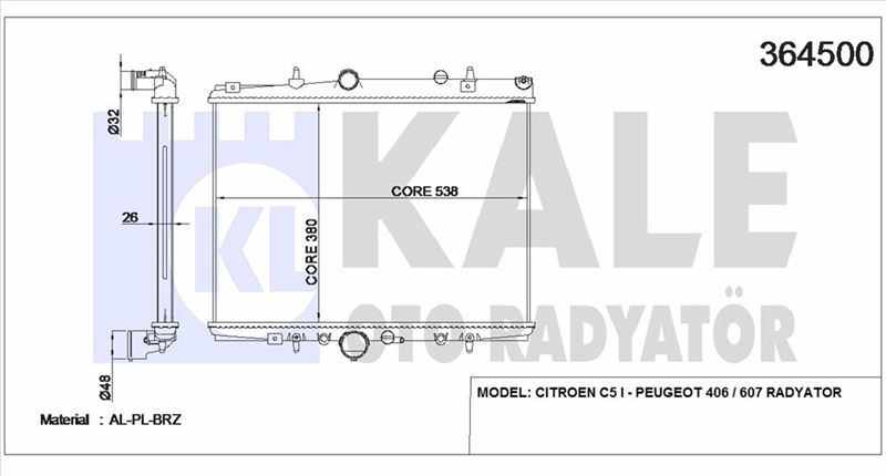 MOTOR SU RADYATORU C5 P406 YM EW7J4 (1,8 16V) P406 YM 2,0HDI 8V 01> OLCU: (380*538*26) - KALE 364500