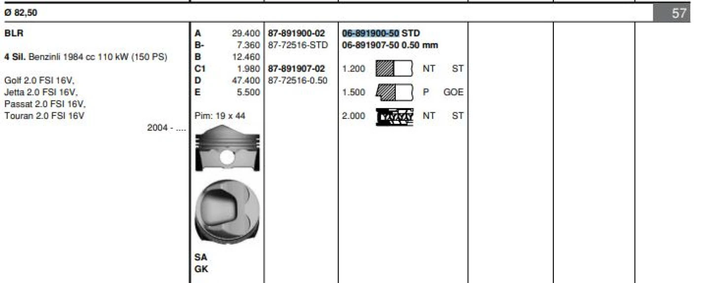 Vag Motor Segmanı Takım (1 Pistonluk) / (82,50mm Std) Golf V Jetta III Beetle Passat Touran A3 A4 A6 A8 - Goetze 68919005g