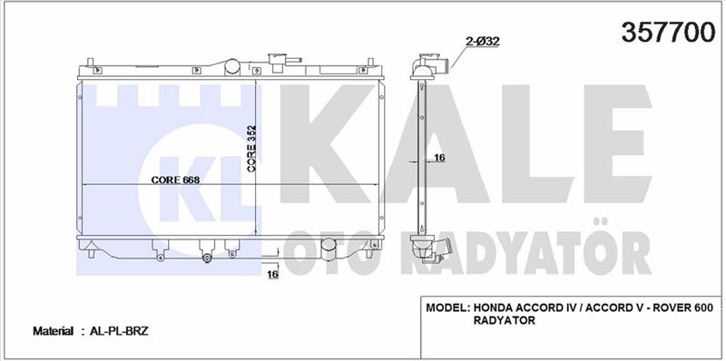 MOTOR SU RADYATORU HONDA ACCORD 1990 1996 ROVER 600 1996 2000 (MANUEL VITES) / (665X355X12) - KALE 357700