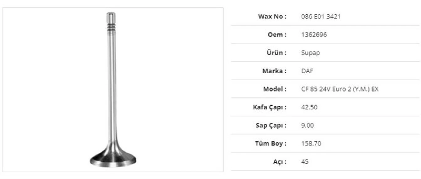 Daf Truck Subap Egzoz Daf Cf85 24v İnce Euro 2 (y.m.) 42,5kx9sx158,7bx45a (12adet) - Wax 086 E01 3421