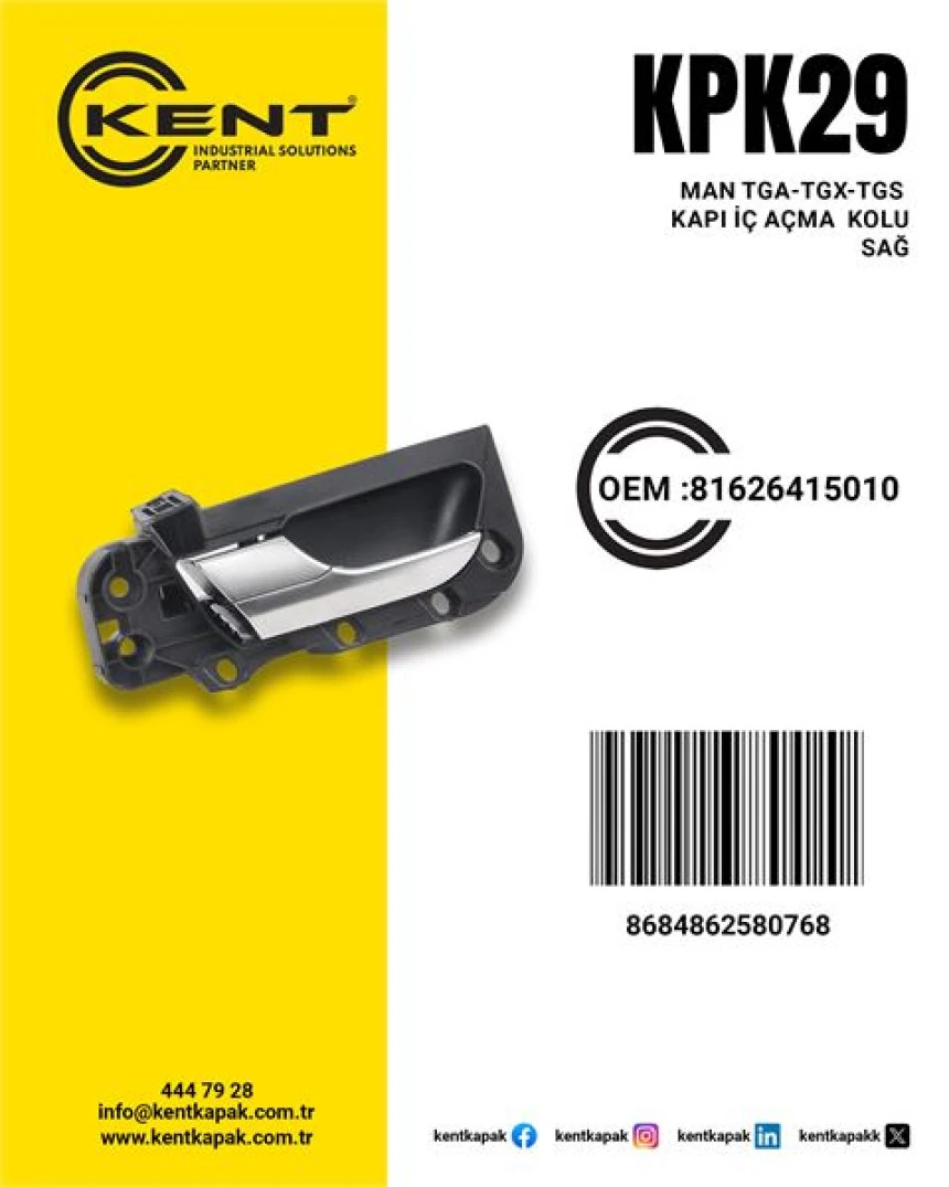 Man Truck IC Kapı  Acma Kolu Sag Komple Man  Tgs-Tgl-Tgx-Tgm - Kent Kpk-29