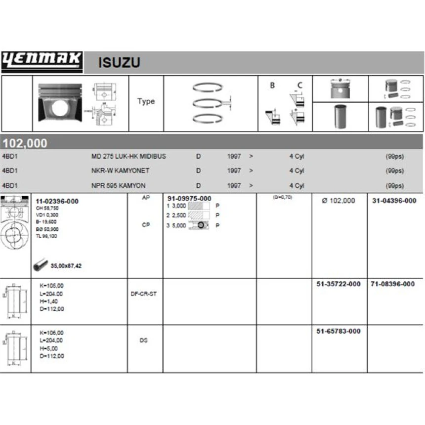 İsuzu Ticarı Piston Segmanlı (std) İsuzu 4bd1 Npr59 - Yenmak 36-04396-000