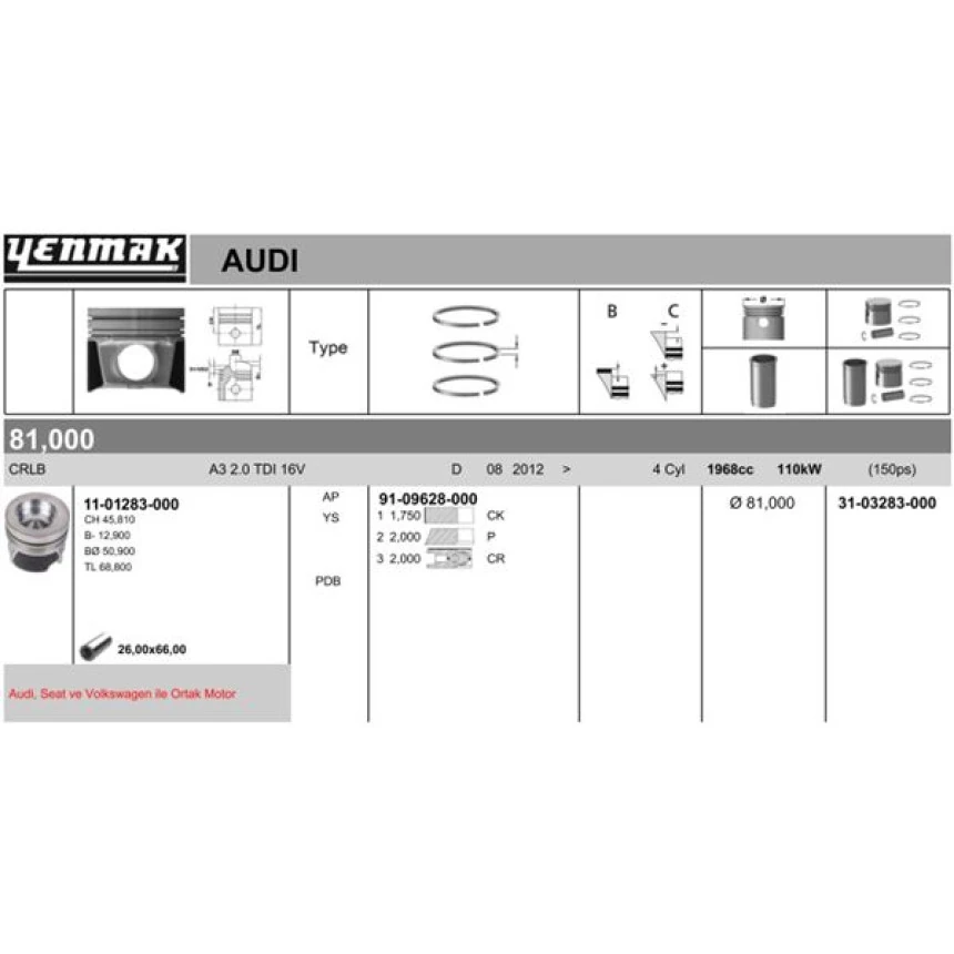 Vag Piston+segman (81,00mm Std) A3 Leon Golf Passat 2.0 Tdi Crlb Cuvc Cuua Cuub Cuuc Cuue Cuuf Crbc Crva - Yenmak 31-03283-000