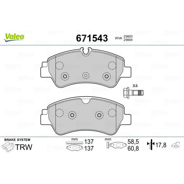 ARKA FREN BALATASI TRANSIT CUSTOM V362-V363 12> (ARKA TEK TEKER) - VALEO 671543