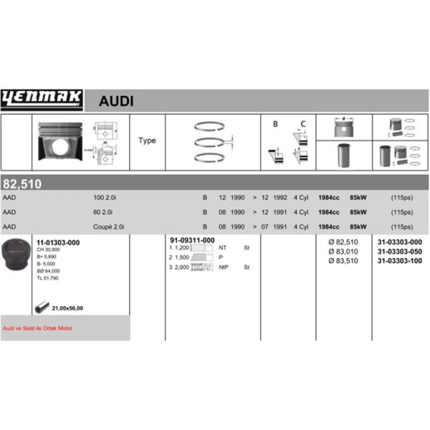 Vag Piston+segman (83,01mm 0,50) A80 A100 A6 Alhambra Cordoba İbiza II Toledo I Corrado Golf III / IV Pa - Yenmak 31-03303-050