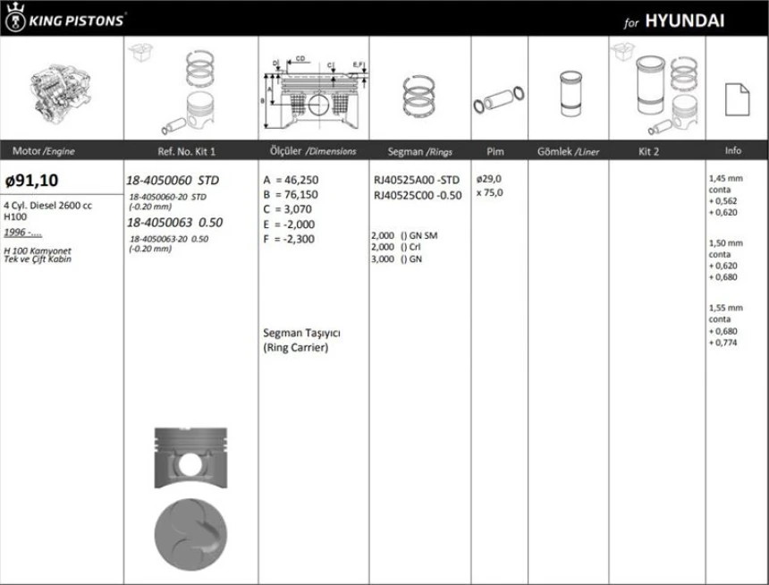 Hyundaı Motor Piston+segmanı ( Riken )  91,10+stdmm Cap H2600  4 Sil. Dizel 2600 CC 96-> - Kingpiston 18-4050060