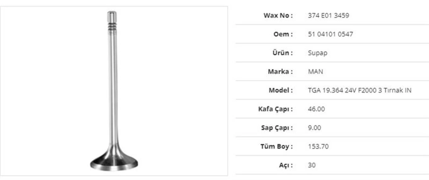 Man Truck Subap Emme 3 Tirnak Man Tga 18.410 D2866 00> 18.460 D2876 00> Fortuna D2866 D2876  46kx9sx153,7bx30a - Wax 374 E01 3459