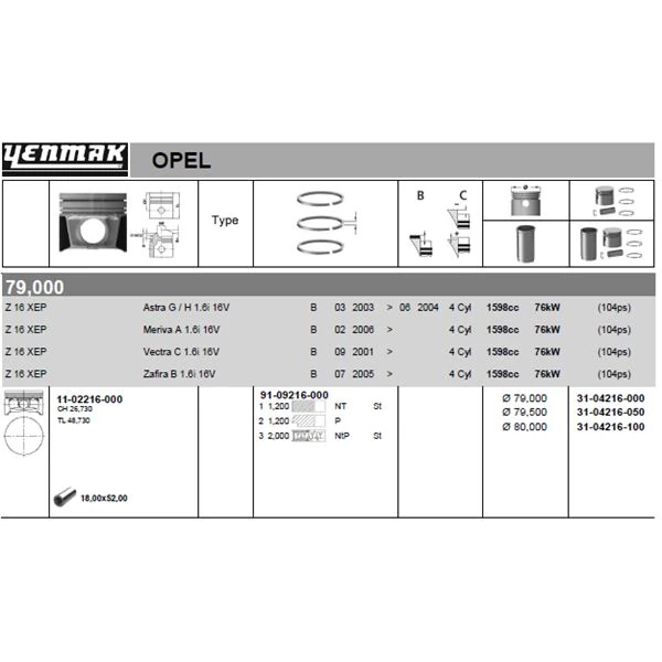 Opel Motor Piston Segman Komple 0,50 (79.50mm) Astra G – Astra H – Vectra C – Zafıra B – Meriva A – Z16xe - Yenmak 31-04216-050