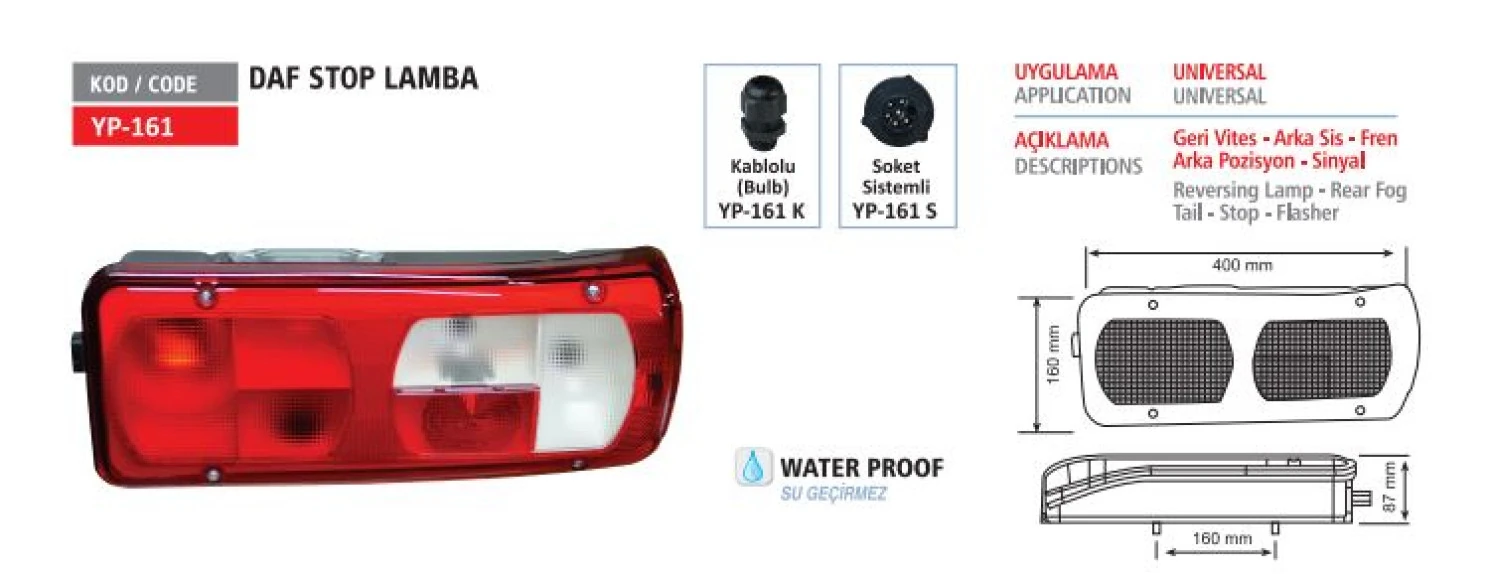 Daf Truck Stop Lambası Daf Soketli Sol - Yuceplast Yp-161 S L