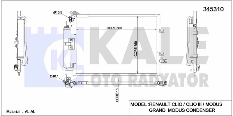 Renault Klima Radyatörü - Kondenser/brazıng (al/al)/505x380x16/kurutucusuz - Kal 345310