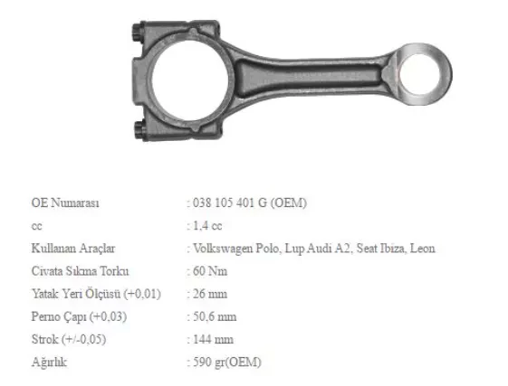 PISTON BIYEL KOLU 1.4TDI POLO LUPO FOX AROSA CORDOBA IBIZA IV V A2 FABIA ROOMSTER BAY BMS BNM BNV BW - BMY 1004