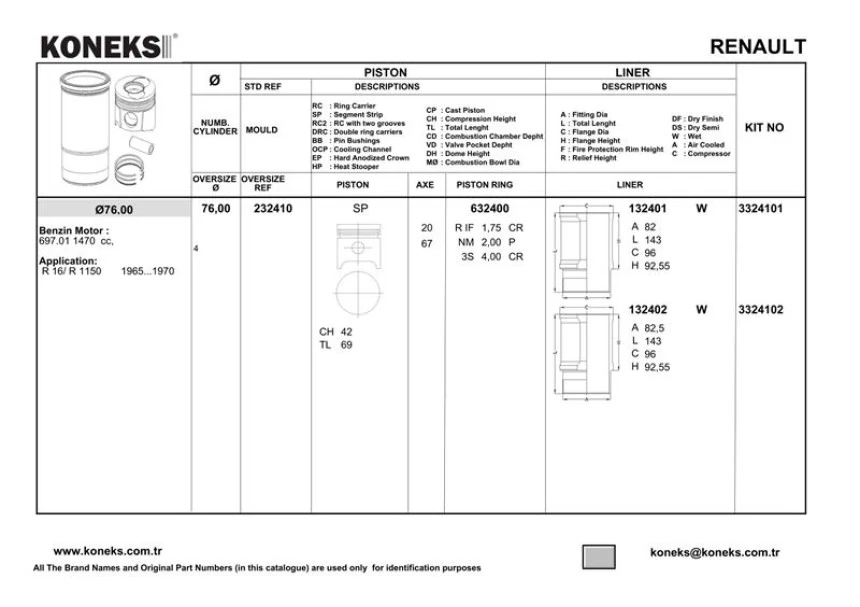 Renault Eski Motor Segmanı  76mm Std R12 1.4 CC (c2j-C3j) - Koneks 632400