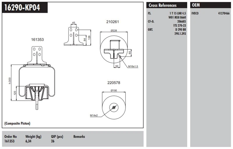 Volvo Truck Komple Plastık Piston - İveco / Stralıs 400 / Eurotech 440e Fp / P4x2 Arka Sag - Connect MD 16290-Kp04