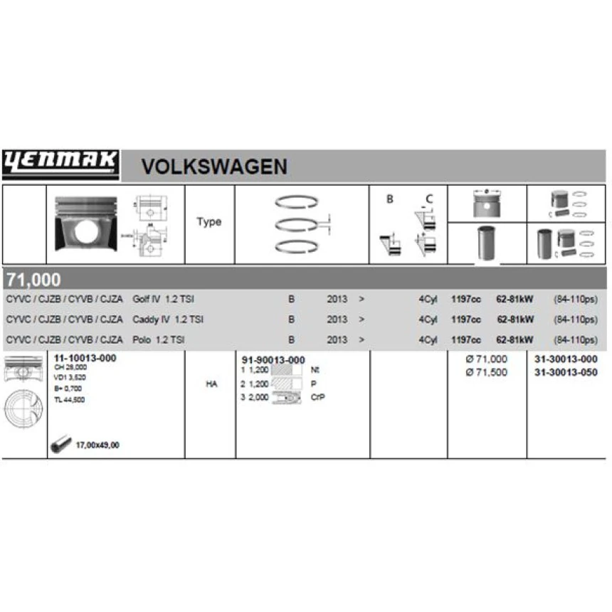 Vag Piston Segman 0.50 71,50 MM A3 İbiza Leon Toledo Fabıa Octavıa Rapıd Beetle Golf VII Polo Touran 1.2 - Yenmak 31-30013-050
