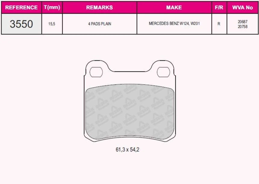 Mercedes Fren Balatası Arka 190 W201 88>93 W202 94>00 C124 87>93 W124 93>95 C124 93>97 - Beser 3550