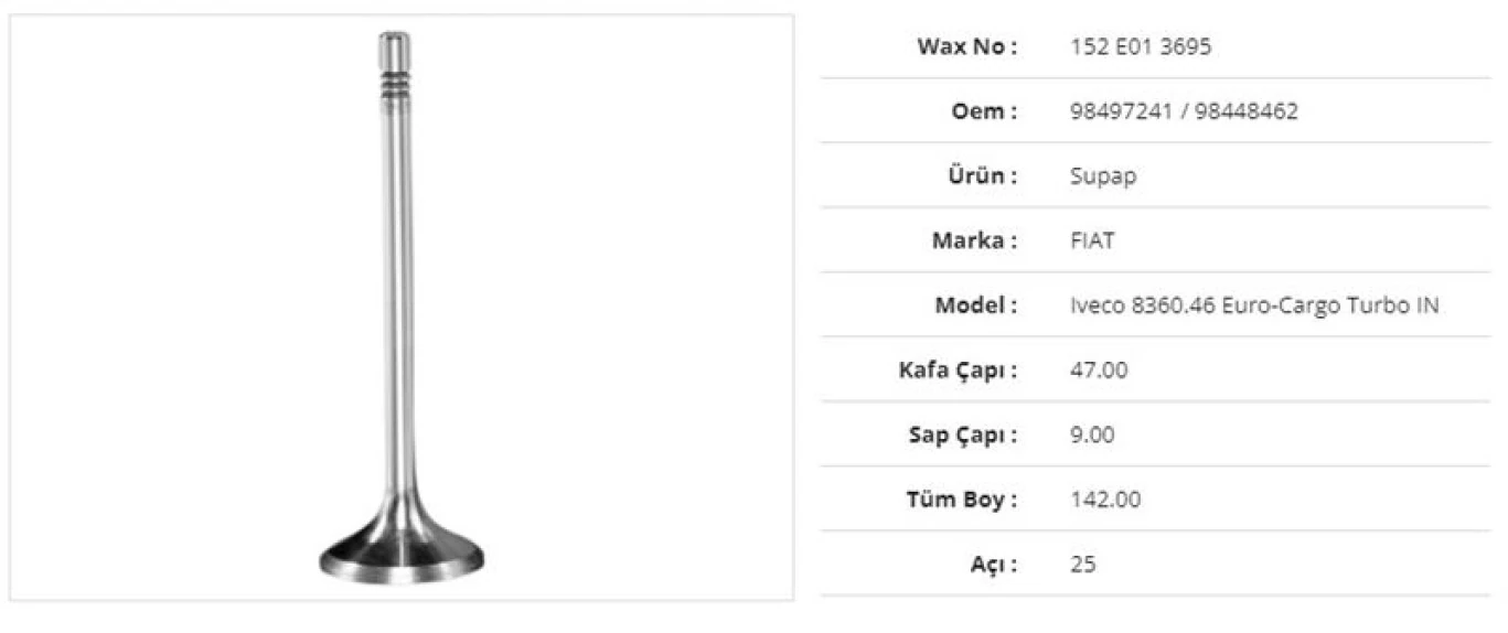 İveco Truck Subap Emme İveco İveco 8360.46 Euro-Cargo Turbo 47kx9sx142bx25a  (6adet) - Wax 152 E01 3695