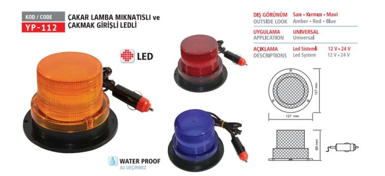 Unıversal Truck Cakar Lamba Ledli Miknatıslı Cakmak Girisli Sarı 12v-24v - Yuceplast Yp-112 S