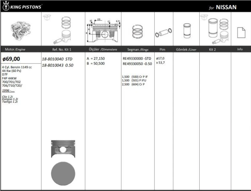 Nissan Motor Piston Segman Kangoo Clio Twingo 1,2i D7f (69,00mm) / (std) - Kingpiston 18-8010040