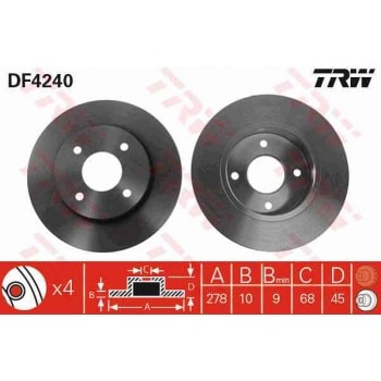 ARKA FREN DISK AYNASI DUZ NISSAN PRIMERA (P11) 1.6 2.0 96-02 (278X4) - TRW DF4240