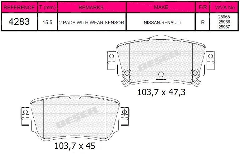 Nissan Arka Fren Balatası Qashqaı 2013> Renault Kadjar 2015> - Beser 4283