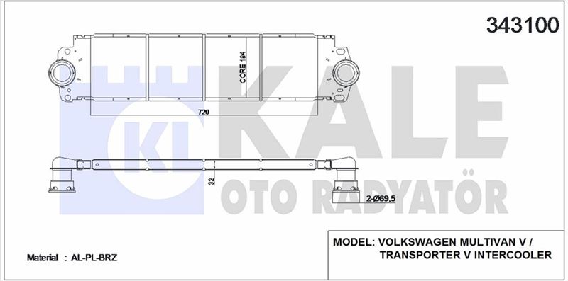 TURBO RADYATORU TRANSPORTER T5 T6 1,9 / 2,5TDI AXB AXC AXD AXE CAAA CAAB CAAC CAAD CAAE 03>15 - KALE 343100