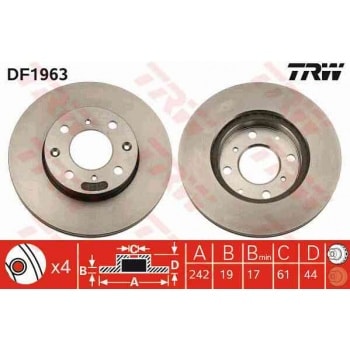 ON FREN DISKI (AYNASI) HAVALI HONDA CIVIC 1,5 1,6 1988 1991 CRX 1,6 1986> (242X4) - TRW DF1963