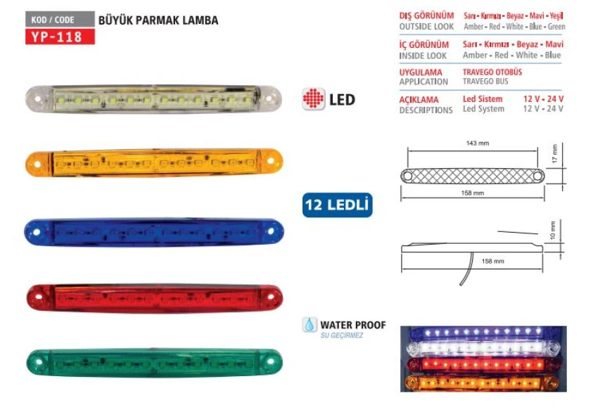 Unıversal Truck Parmak Lamba 12 Ledli Kirmizi 12v - Yuceplast Yp-118 K 12v