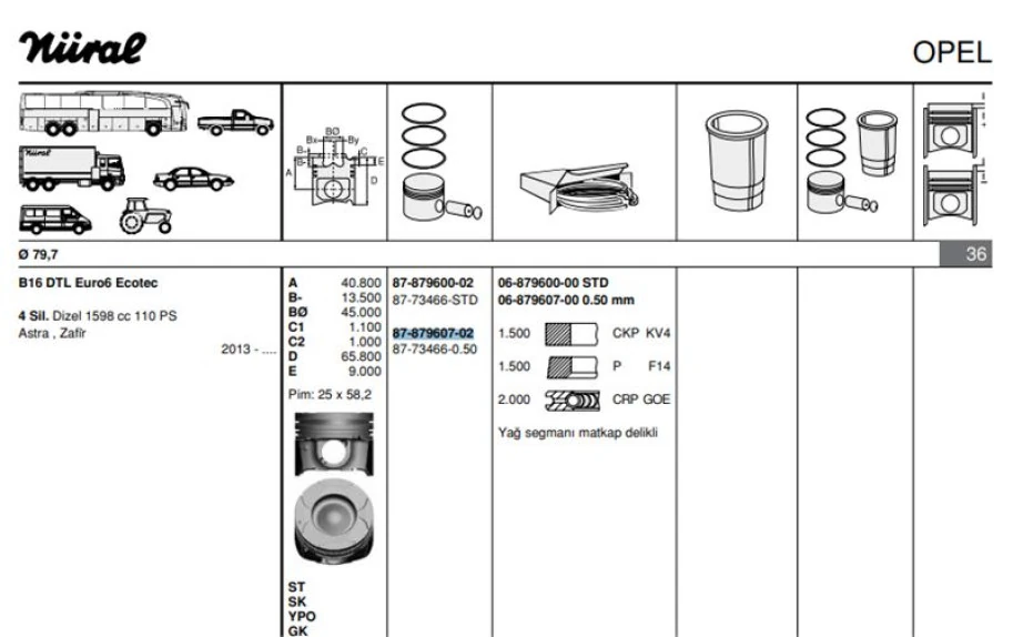 Opel Piston Segman Komple 0,50 Astra K 16> B16dte Astra J 10> B16dtl İnsignia B 18> B16dte D16dte Meriv - Goetze 8773466050000g