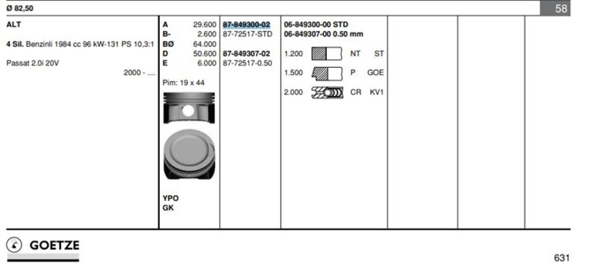Vag Piston+segman (82,51mm Std) Passat Audı A4 A6 Alt 00>08 - Goetze 8772517std000g