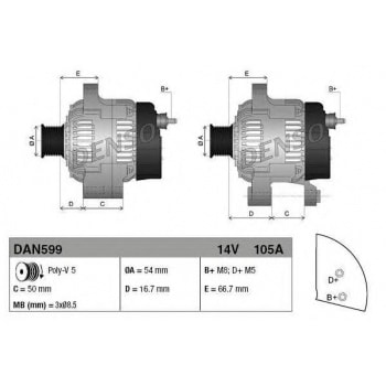FIAT ALTERNATOR BRAVO LINEA DOBLO 1,4 08> ALBEA 01> 09 PUNTO 99> 10 GRANDE PUNTO 05> 500 5 - DENSO DAN599