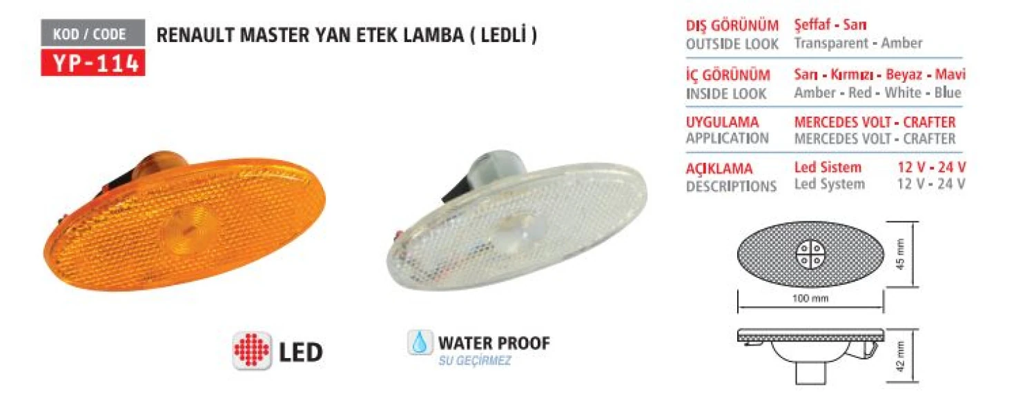 Renault Camurluk Sinyalı Master III 10> Movano B 10> Nissan Nv400 Ledli Sarı - Yuceplast Yp-114 S