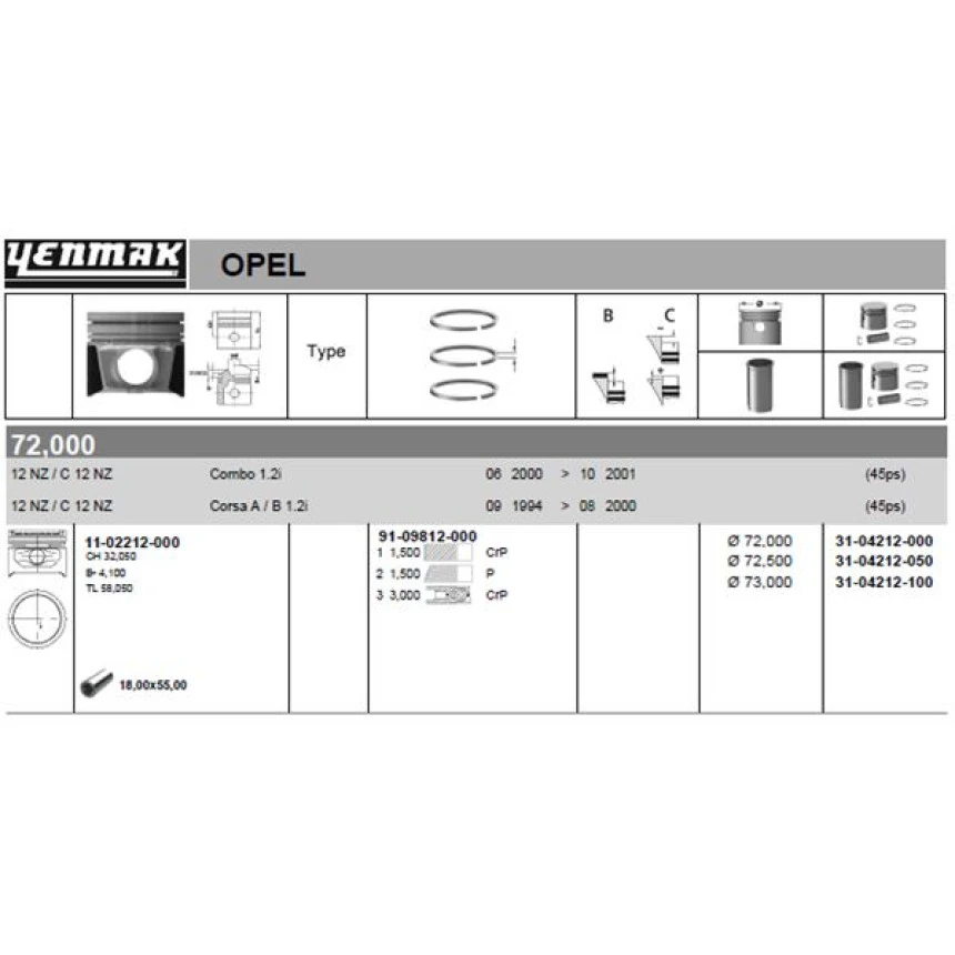 Opel Motor Piston+segman Komple 0,50 (72,5mm) Combo B Corsa B 12nz C12nz - Yenmak 31-04212-050