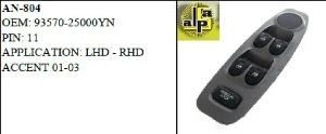 Unıversal Cam Anahtarı>hyundai Accent Sol Ön Dörtlü 01-03    11 Pin   >>93570-25000yn - Mcar-An804