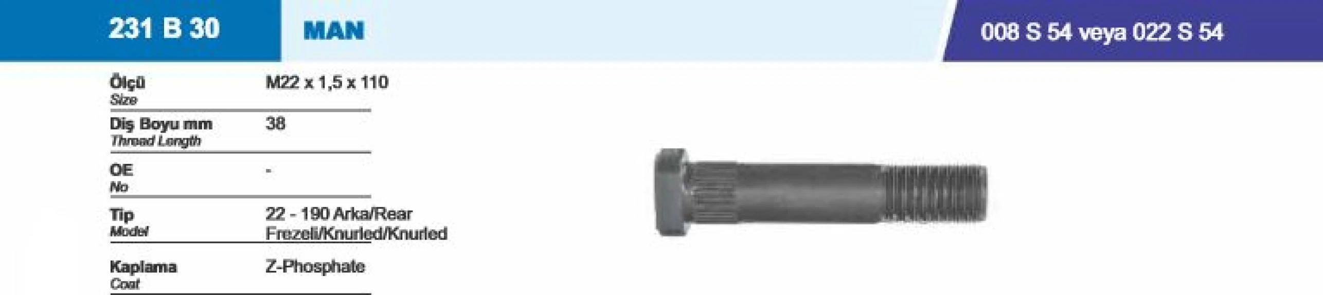 Man Truck Bijon Ve Somunu Arka Frezeli Man 22 190 M22x1.5x26xsw32 - Besel 231b30-022s54