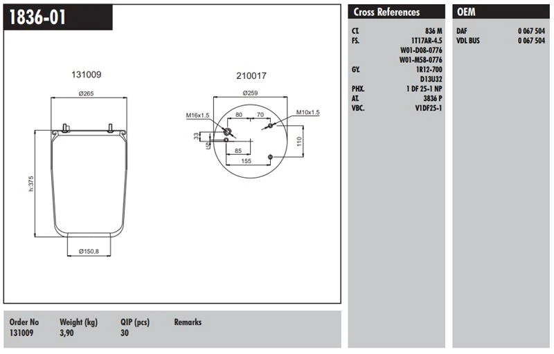 Daf Truck Dingil Korugu Pistonsuz Daf Cf65 Cf75 Cf85 98>13  Xf95 97>06  Lf45-Lf55 01>   Xf105 05>  Xf 12> - Connect MD 1836-01