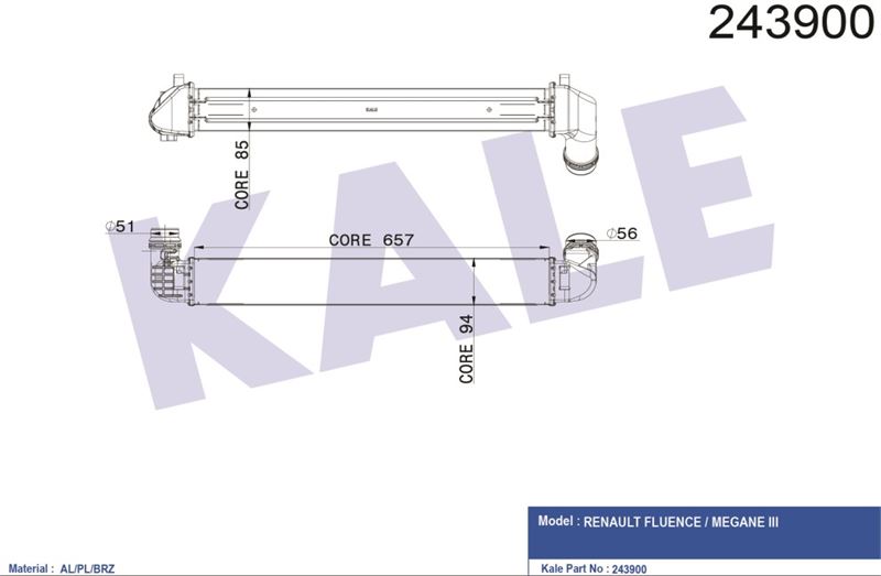 TURBO RADYATORU (INTERCOOLER) FLUENCE 1,5DCI 10> (657×89×85) / (2 SIRA ALB SISTEM) - KALE 050CAC050