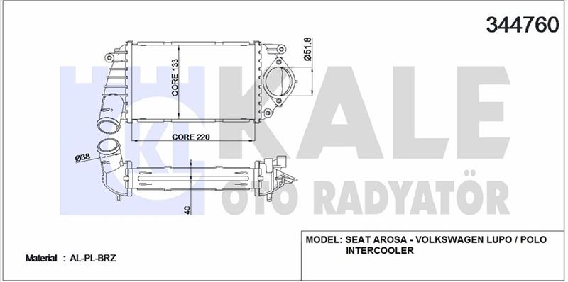 TURBO RADYATORU INTERCOOLER AROSA 97>04 LUPO 99>06 POLO 00>02 1.4TDI AMF - KALE 344760
