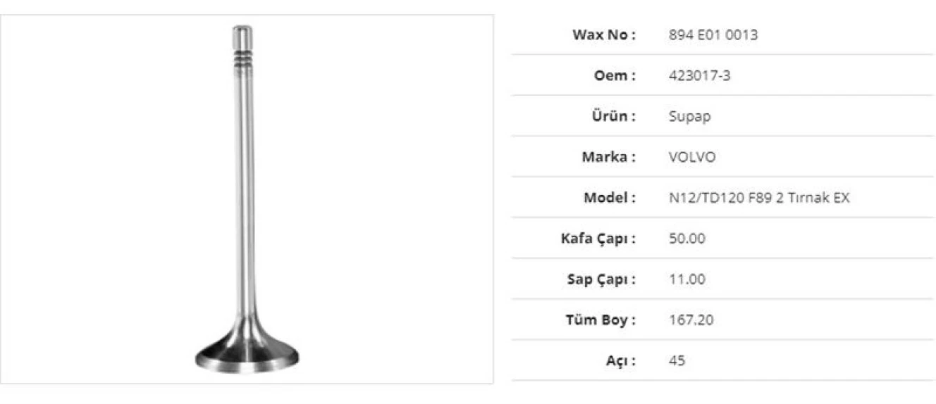 Volvo Truck Subap Egzoz Volvo N12/td120 F892 Tirnak 50kx11sx167,2bx45a (6adet ) - Wax 894 E01 0013