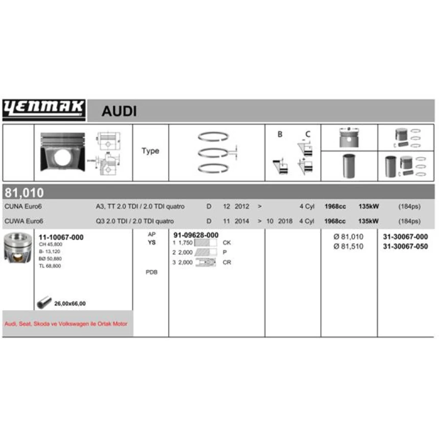 Vag Piston Segman Std 81,01 MM A3 Q3 Tt Leon Octavıa CC Golf VII Scirocco Sharan Kodıaq Passat Tiguan 2. - Yenmak 31-30067-000