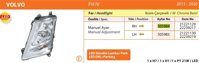 Volvo Truck Far Manuel Sol- Krom Cerceveli Volvo Fh IV (2013- 20) - Ayfar 505985