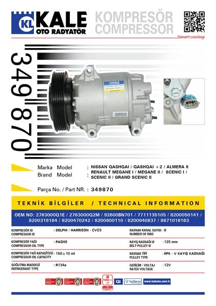Renault Klima Kompresoru Qashqaı 1,5 DCI 2007> Almera 2003> Megane III 1,4 16v 1,6 16v Megane II Scenic II G - Kale 349870