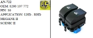 Unıversal Cam Anahtarı>renault Megane II - Scenic II Sol Ön Çiftli - Mavi   >>8200107772 - Mcar-An722