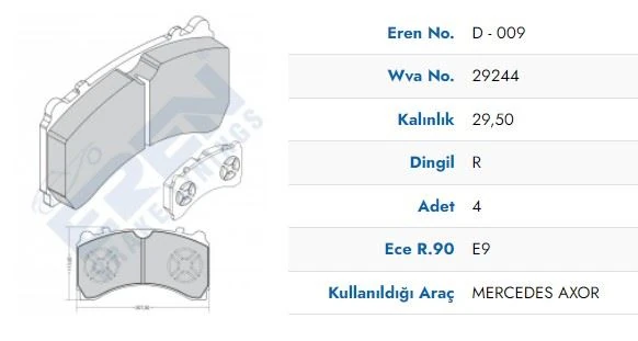 Mercedes Truck Fren Balatası Arka M-Benz Axor Actros Mp4 10> Arocs Antos 1842 1835 1848 2036 2040 (mavı Kutu) - Eren Hp D.009/1 M201