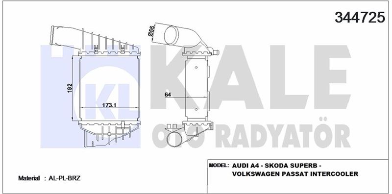 TURBO RADYATORU PASSAT 2,5TDI 98>05 AUDI A4 2,5TDI 97>01 SUPERB 2,5TDI 01>03 - KALE 344725