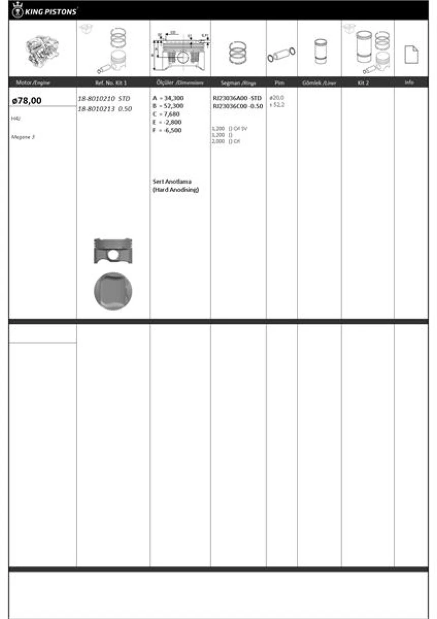Renault Piston + Segman 78mm +0.50mm ( Riken Segmanlı ) Megane 3 H4j Engine - Kingpiston 18-8010213