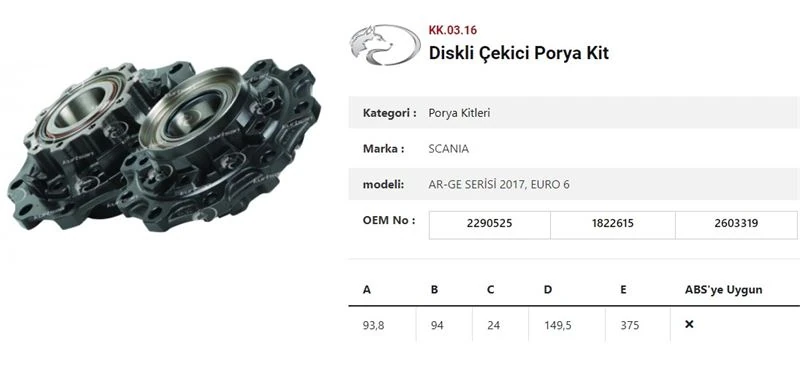 Scanıa Truck Dingil Poryası Arka Teker Diskli Rulmanlı Kit Scanıa 2017, Euro 6 - Kurtsan Kk.03.16