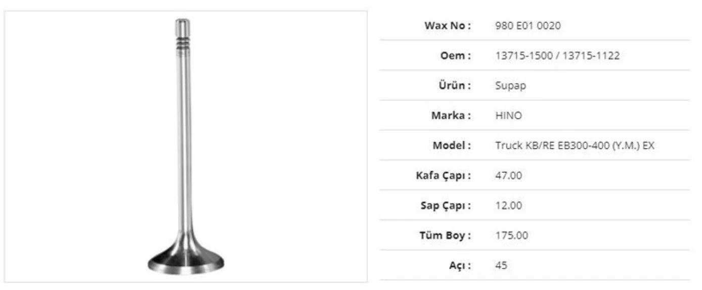 Hino Truck Subap Egzoz Hino Truck Kb/re Eb300-400 (e.m.) 47kx12sx175bx45a (6adet) - Wax 980 E01 0020